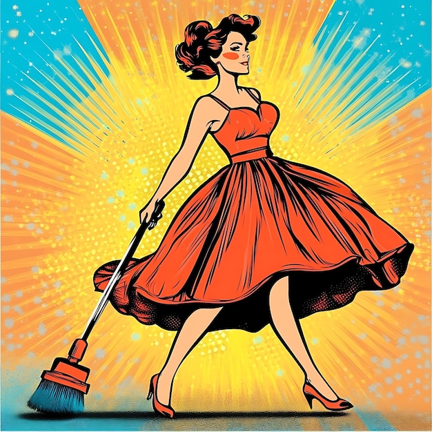 Retro Woman Sweeping with a Broom in a Colorful Pop Art Style