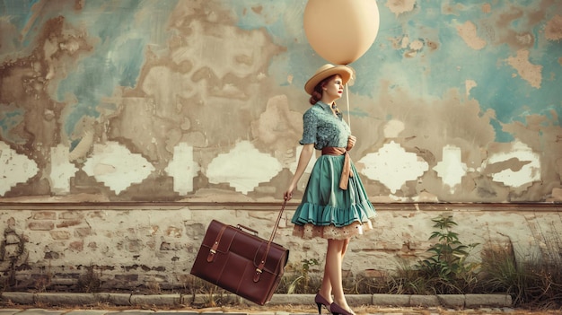 Photo retro woman with balloon and vintage luggage