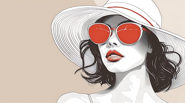 Retro woman with red sunglasses and white hat