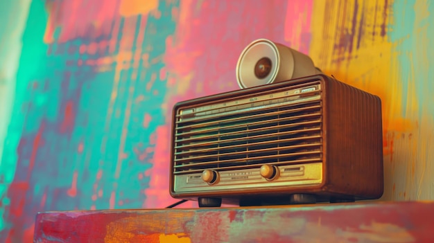 Retro wooden radio receiver on a vibrant abstract painted backdrop