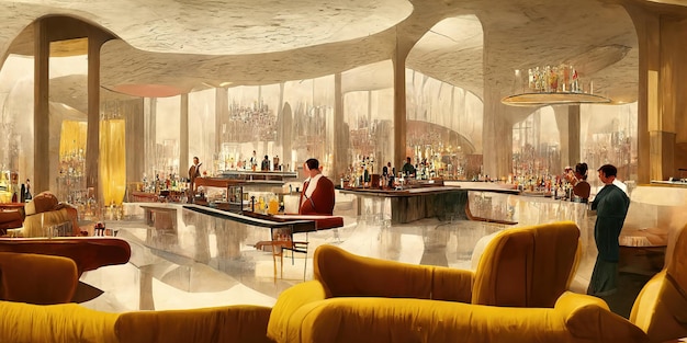 Retro yellow restaurant interior trendy Hollywood club bartenders at the bar counters 3d illustration