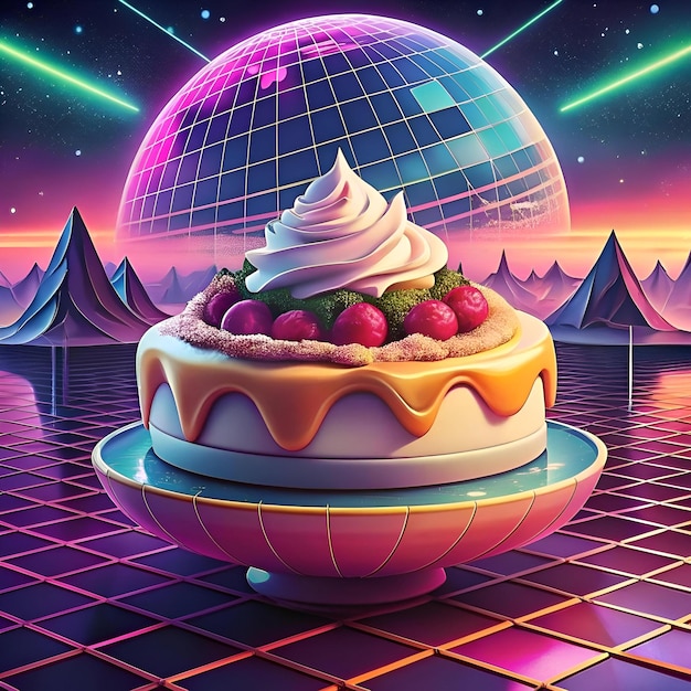 Photo a retrofuturistic 3d illustration of a delicious cake with cherries and whipped cream set against a vibrant backdrop of a disco ball and a futuristic landscape