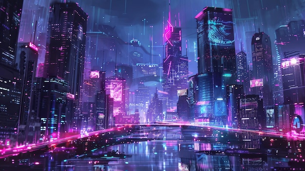 Retrofuturistic cityscapes glow with neon lights cyberpunk homage background