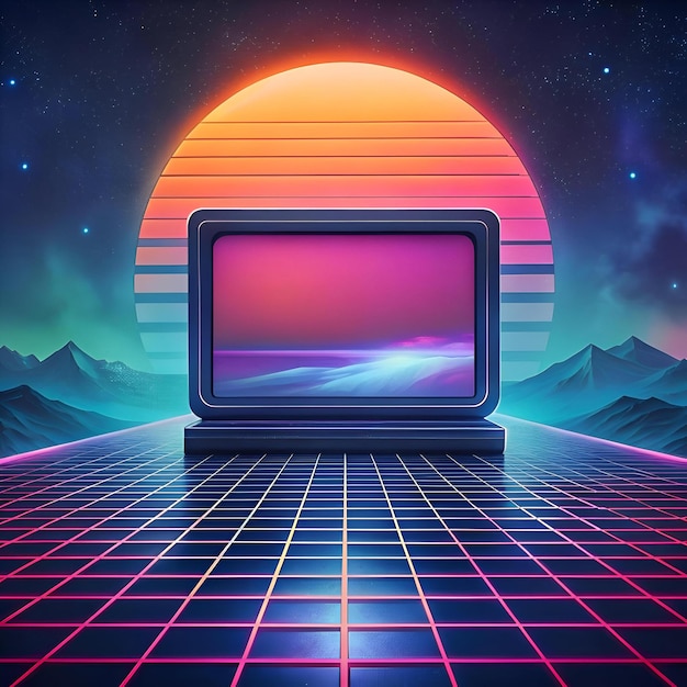 Photo retrofuturistic computer monitor with a sunset backdrop