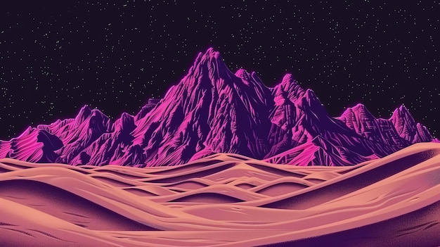 Retrofuturistic Desert Landscape with Mountain Range under a Starry Sky