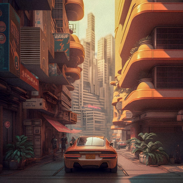 Retrofuturistic Hong Kong city streets illustartion granular texture