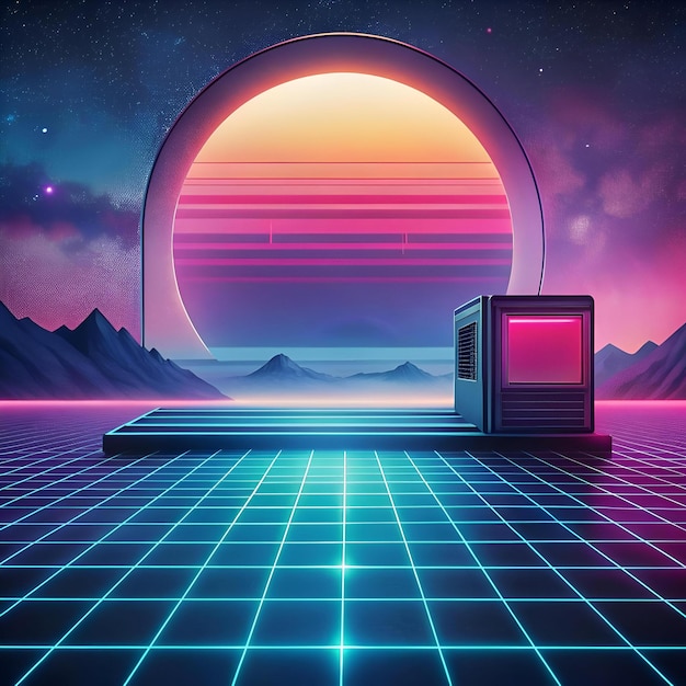 Retrofuturistic landscape with a glowing neon grid a futuristic portal and a glowing screen