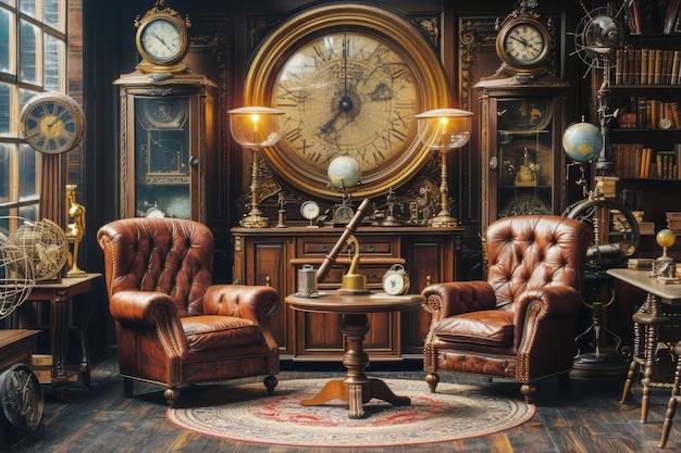 A retrofuturistic living room with various furniture pieces and a prominently displayed large clock