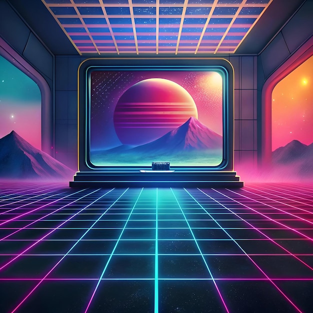 Photo retrofuturistic scene with a glowing grid floor a large window revealing a vibrant planet and mountain landscape and a futuristic design