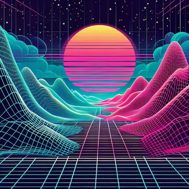 Photo retrofuturistic scene with a neon color palette wireframe mountains and a large glowing sun