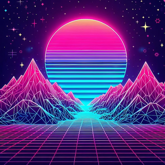 Photo retrofuturistic scene with a neon color palette wireframe mountains and a large glowing sun