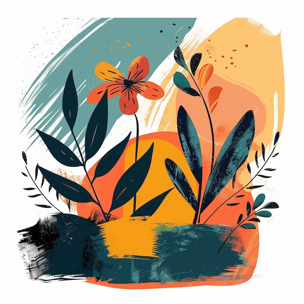 Photo retroinspired botanical illustration with abstract shapes and vibrant colors