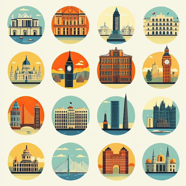 A retroinspired flat illustration set of icons portraying the iconic landmarks and attractions of a bustling city