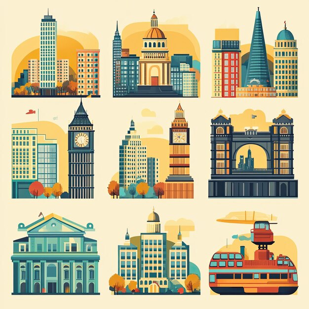 A retroinspired flat illustration set of icons portraying the iconic landmarks and attractions of a bustling cityscape