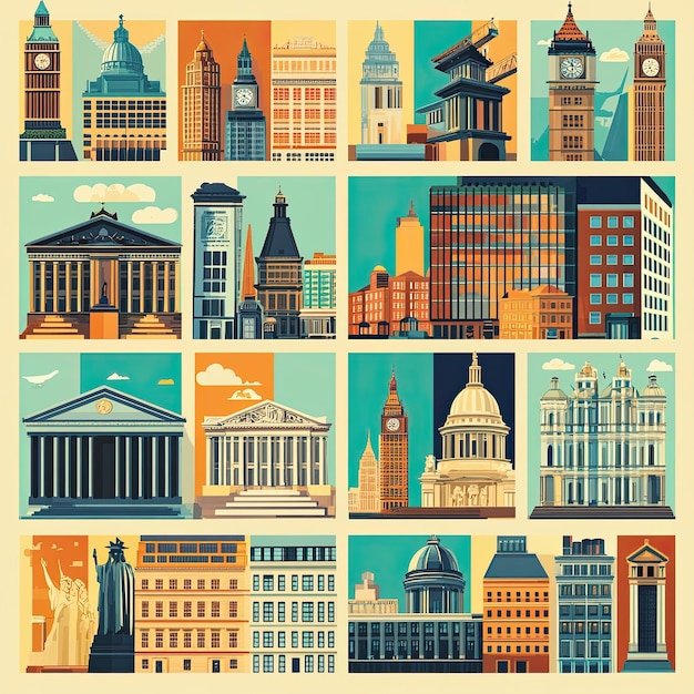 A retroinspired flat illustration set of icons portraying the iconic landmarks and attractions of a bustling cityscape