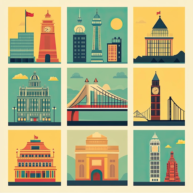 A retroinspired flat illustration set of icons portraying the iconic landmarks of a bustling metropolis