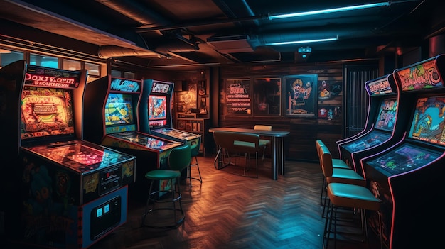 A retroinspired game room with arcade games and neon lights AI generated