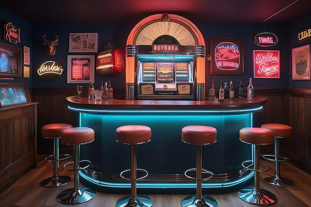 Retroinspired home bar with a vintage jukebox and neon signs