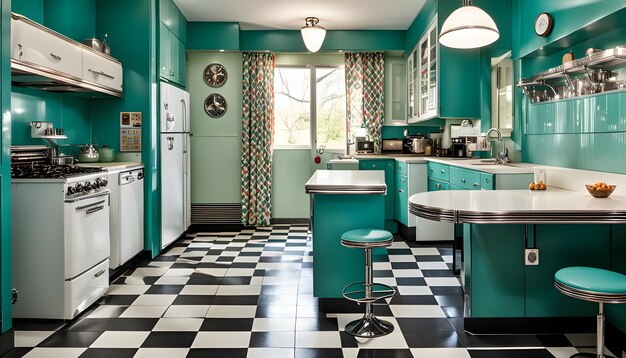 Photo retromodern kitchen with teal cabinetry and checkerboard flooring