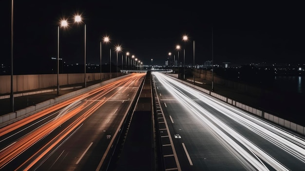 Retroreflective Long Exposure Photo of a Highway at Night AI Generated