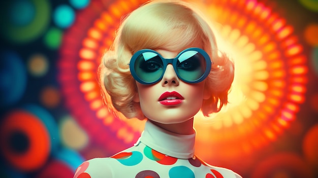 Retrostyle futuristic female in fashion with a backdrop of circles and pop art Generative AI