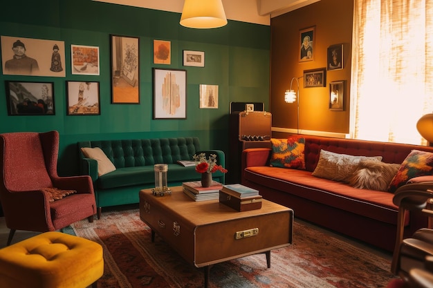 Retrostyle lounge room with plush sofas and vintage accents