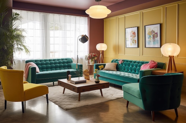 Retrostyle lounge room with plush sofas and vintage accents