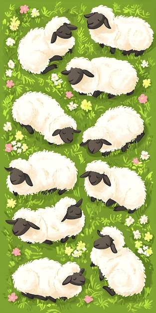 Retrostyle mobile wallpaper with illustration of sheep lying on a grassfield in green pink amp white