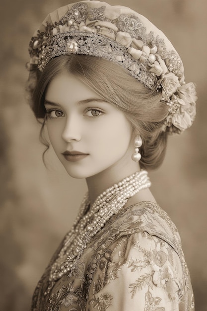 A retrostyle photograph of a young Russian noblewoman in traditional attire