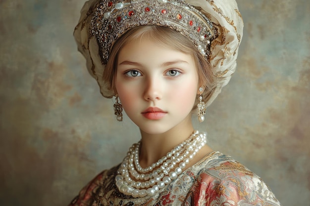 Photo a retrostyle photograph of a young russian noblewoman in traditional attire