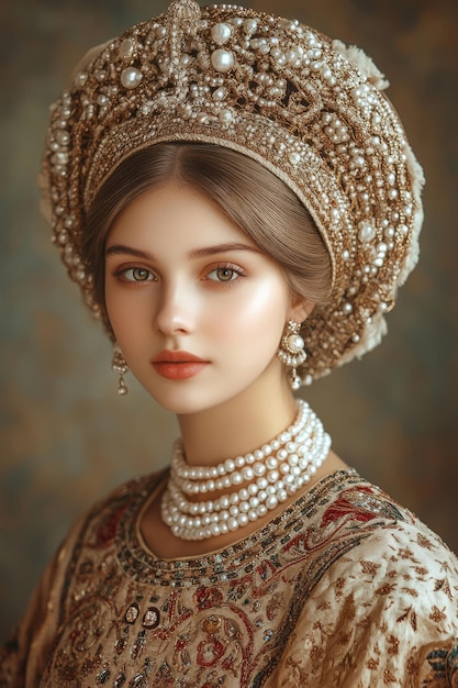 Photo a retrostyle photograph of a young russian noblewoman in traditional attire