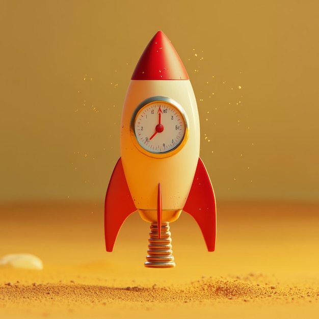 Photo a retrostyle rocket with a clock face hovering over an orange surface indicating time and launching into the future