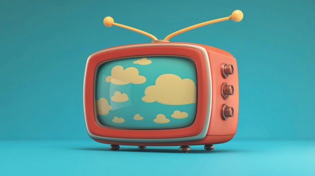 Retrostyle television displays whimsical cloud and computer graphics on a blue background