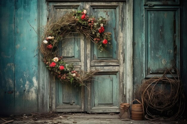 Retrostyled christmas wreath on aged wooden door created with generative ai