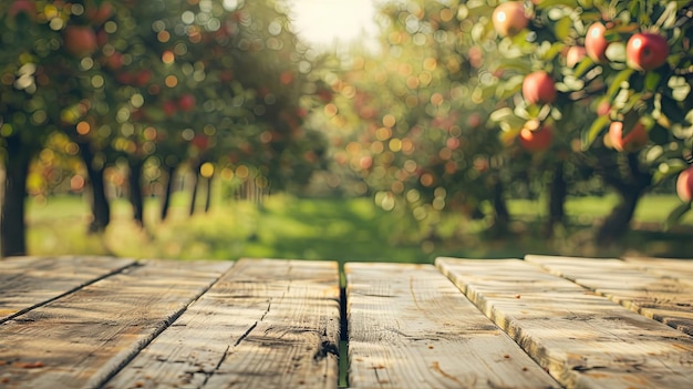 Retrotoned image of wood table in apple orchard with selective focus for product placement