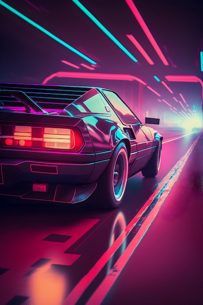 Retrowave car landscape synthwave illustration