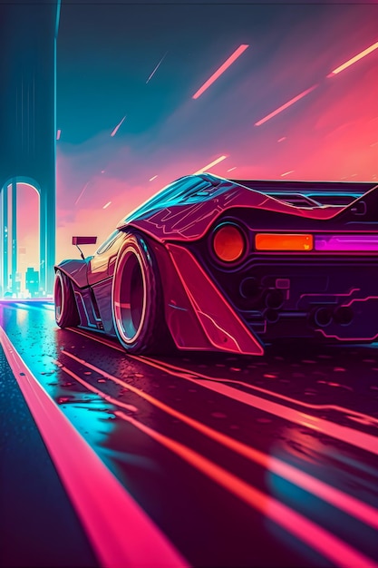 Retrowave car landscape synthwave illustration