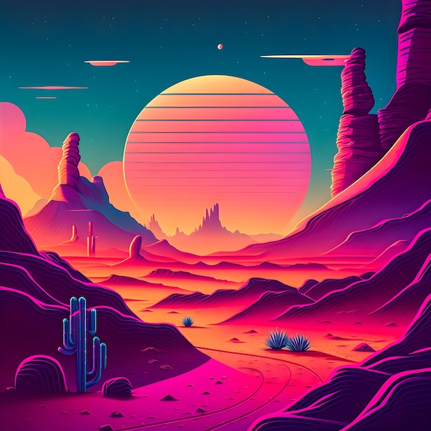 Retrowave Mars landscape Vintage style illustration