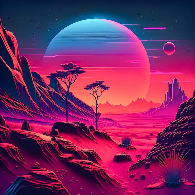 Retrowave Mars landscape Vintage style illustration