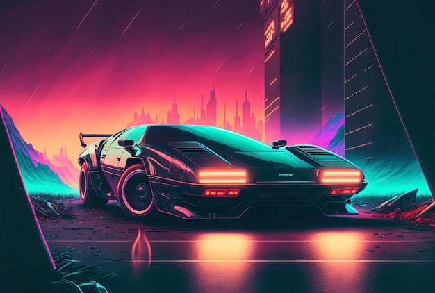 Retrowave sci fi automobile backdrop art in the 1980s