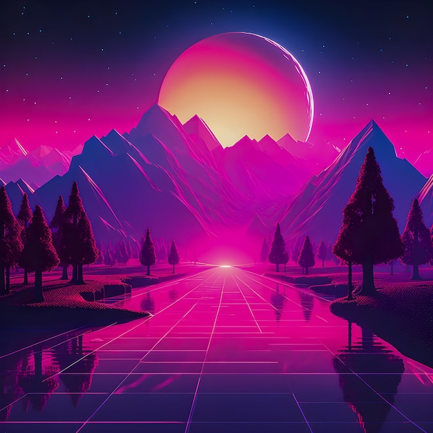 Retrowave sunset in low poly style illustration