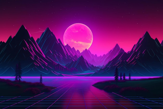 Retrowave or synthwave style poster wallpaper background night grid poster generative ai