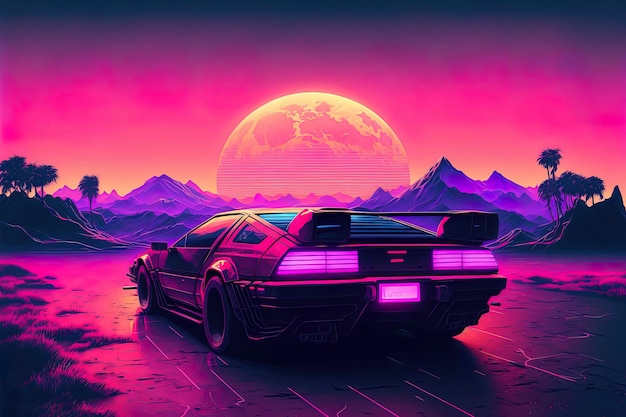 Retrowave vintage illustration synthwave purple background Generative AI