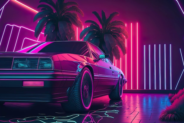 Retrowave vintage illustration synthwave purple background Generative AI