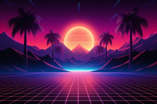 Retrowave wallpaper Vaporwave Landscape Synthwave background Aesthetic Retro Wave mountain futuristic sunset landscape Neon retrowave landscape AI Generative