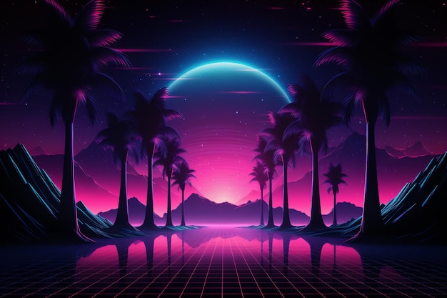 Retrowave wallpaper Vaporwave Landscape Synthwave background Aesthetic Retro Wave mountain futuristic sunset landscape Neon retrowave landscape AI Generative