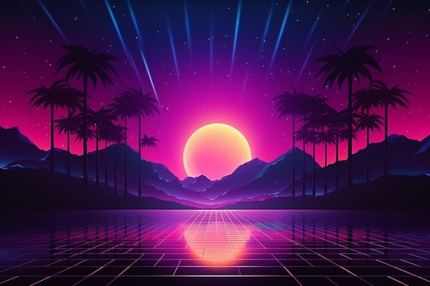 Retrowave wallpaper Vaporwave Landscape Synthwave background Aesthetic Retro Wave mountain futuristic sunset landscape Neon retrowave landscape AI Generative