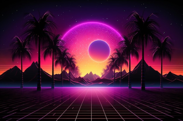 Retrowave wallpaper Vaporwave Landscape Synthwave background Aesthetic Retro Wave mountain futuristic sunset landscape Neon retrowave landscape AI Generative