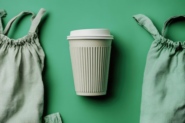 Photo reusable cup on green background surrounded by reusable cloth bags environment and sustainability