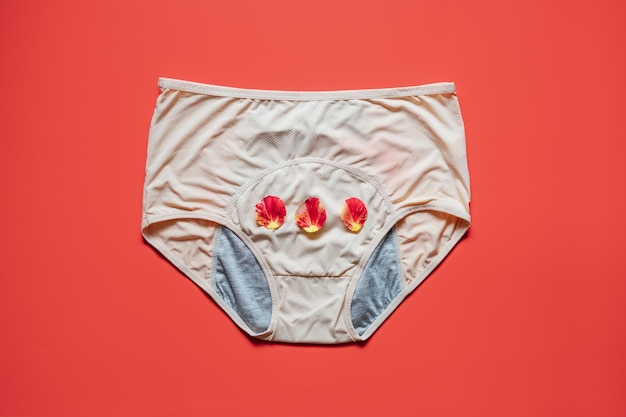 Photo reusable period underwear on red background absorbent and affordable period panties to absorb